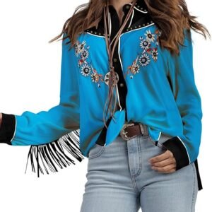 Women's Embroidered Western Long Sleeve Buttons Down Shirts Collared Retro Casual Blouses Shirts