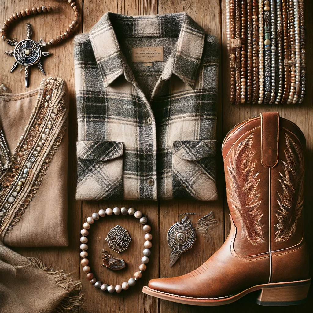 A-flat-lay-featuring-a-plaid-shirt-dress-Navajo-pearls-and-brown-leather-cowboy-boots