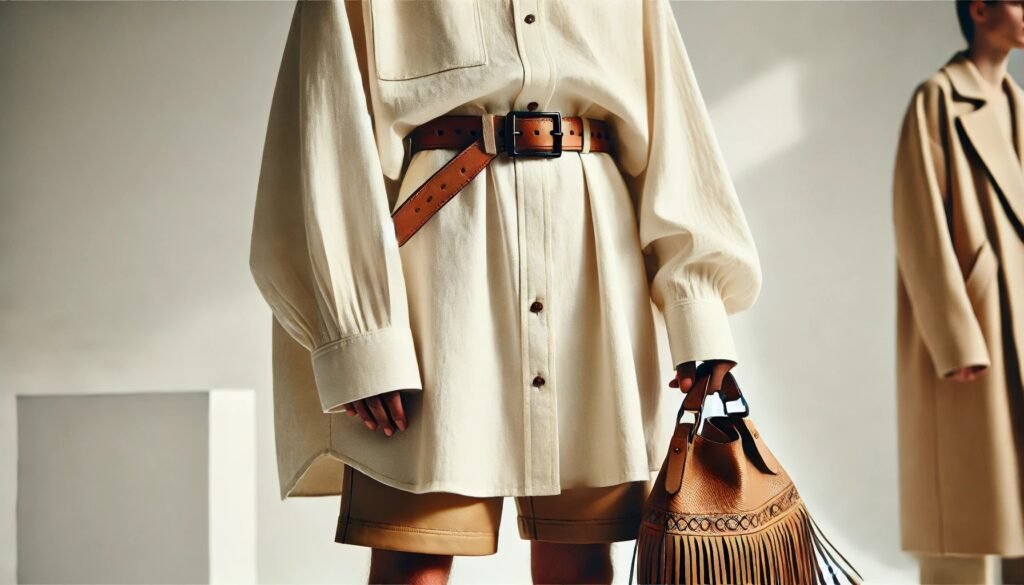 Display-a-model-in-a-crisp-white-oversized-shirt-dress-leather-shorts-peeking-out-styled-with-tan-fringe-boots-and-a-leather-belt