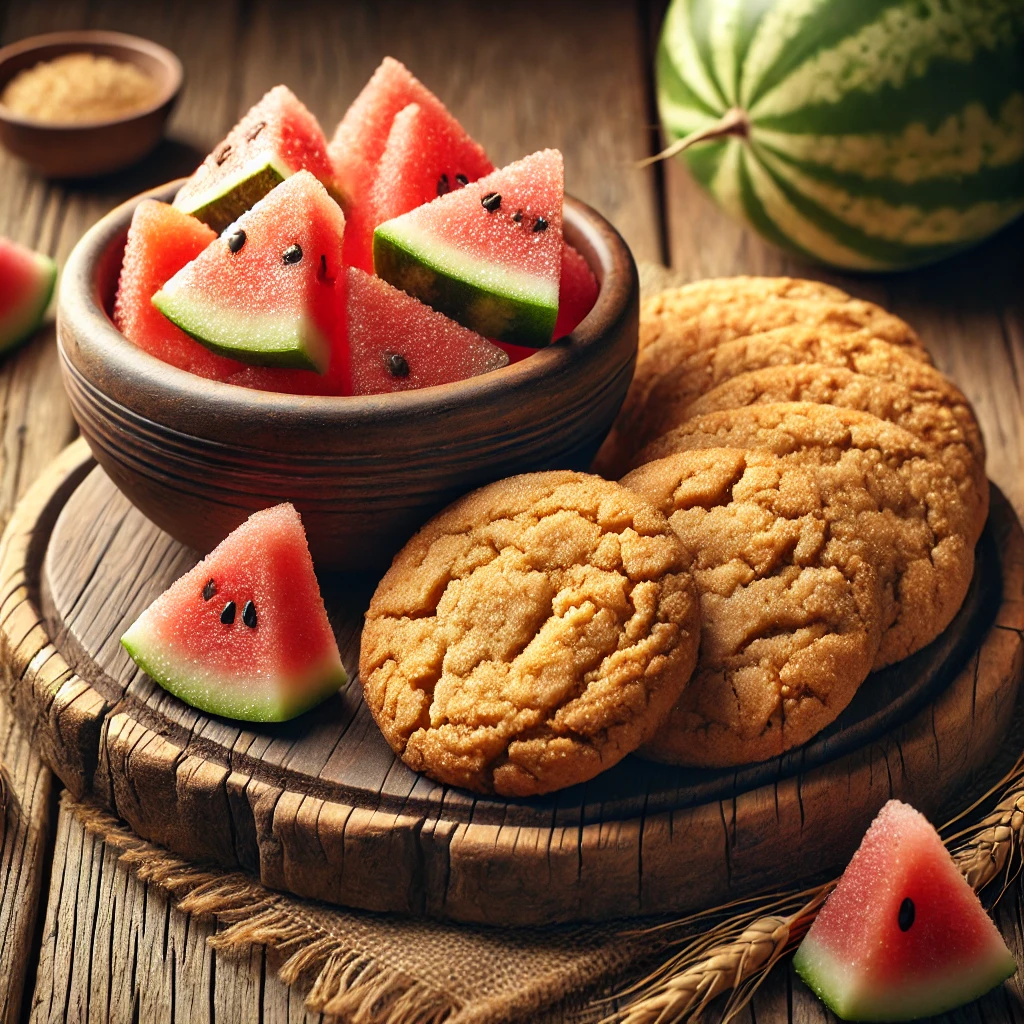 Display-cowgirl-cookies-on-a-rustic-wooden-platter-beside-a-bowl-of-watermelon-rind-candy