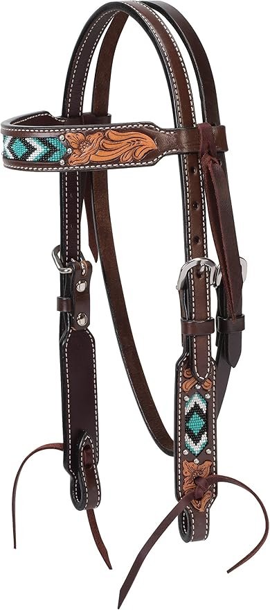 Weaver Leather Turquoise Diamond Beaded Horse Headstall, Leather Headstalls for Horses for Trail Riding, Durable Equine Supplies, Dark Oil