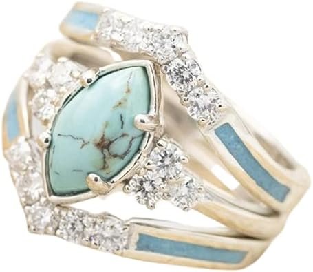 3 PCS Ring Set Natural Turquoise Diamond Rings Western Jewelry Turquoise Silver Color Rings for Women Bohemian Joint Knuckle Rings Finger Ring Turquoise Jewelry Sparkling Natural Gemstone