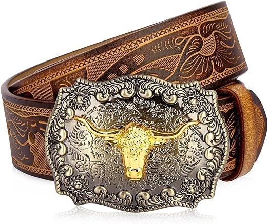 BISON-DENIM-Mens-Western-Double-Embossed-Leather-Belts-with-Golden-Cowboy-Longhorn-Bull-Pattern-Floral-Engraved-Buckle-Belt