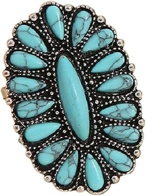 Bohemian Vintage Turquoise Oval Flower Rings Geometric Ethnic Natural Stone Adjustable Silver Joint Knuckle Rings Western Cowgirl Statement Jewelry