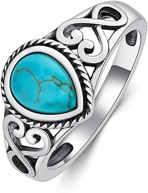 Boho Turquoise Stone Ring for Women 925 Sterling Silver Oxidized Pear Shaped Celtic Western Ring Gift for Her Wife Mom