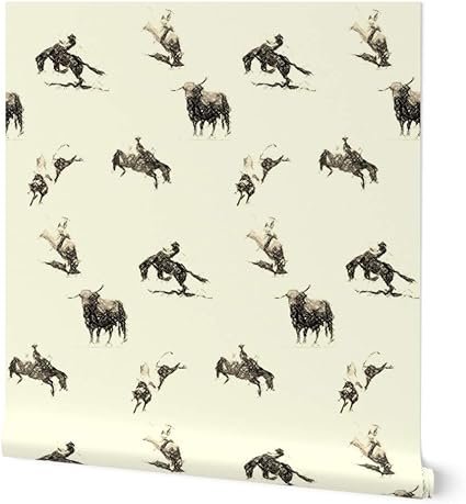 Commercial Grade Wallpaper Swatch - Cowboy Bull Rodeo Horse Western Neutral Black Beige Cowgirl Old West Traditional Wallpaper by Spoonflower