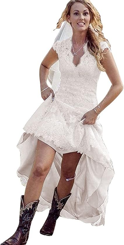 GMAR Women's High Low Country Wedding Dress for Bride V Neck Lace Bridal Gowns