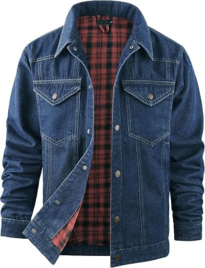 Mens-Denim-Jacket-Lined-Flannel-Plaid-Vintage-Cowboy-Cut-Western-Classic-Trucker-Motorcycle-Snap-Fall-Long-Sleeves