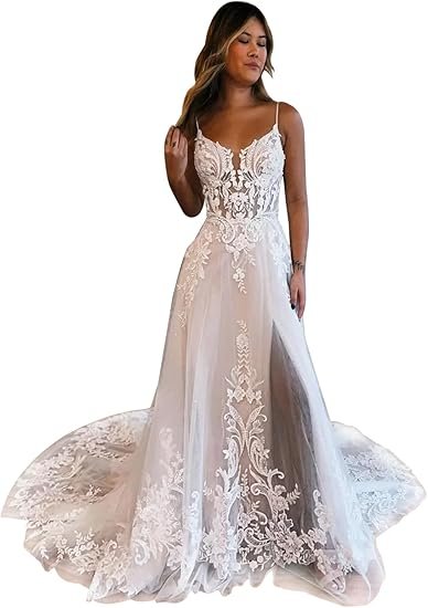 OFEECHUN Women's Lace Applique Beach Wedding Dresses for Bride Tulle Bridal Dress V Neck Wedding Gowns with Slit