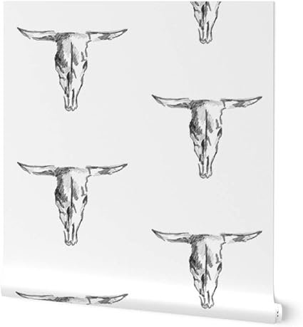 Peel & Stick Wallpaper Swatch - Cow Skull Bull Black White Western Cowboy Rustic Custom Removable Wallpaper by Spoonflower123