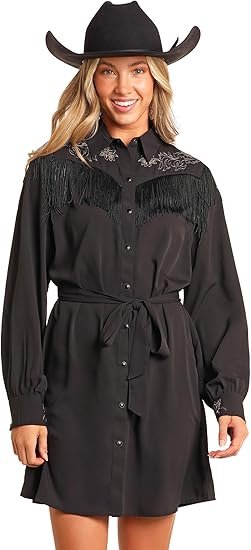 Rock & Roll Denim Women's Embroidered Fringe Shirt Dress, Black, XL