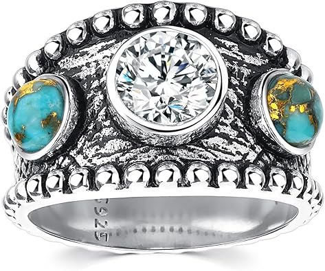 Turquoise Engagement Ring for Women 925 Sterling Silver Rings Band With 2 Round Turquoise and 1 Cubic Zirconia Hypoallergenic Nickel-free Western Wedding Birthday Valentine's Day Ring Size 6-9