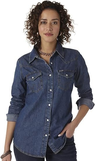 Wrangler Women's Retro Long Sleeve Western Snap Shirt Mid Denim